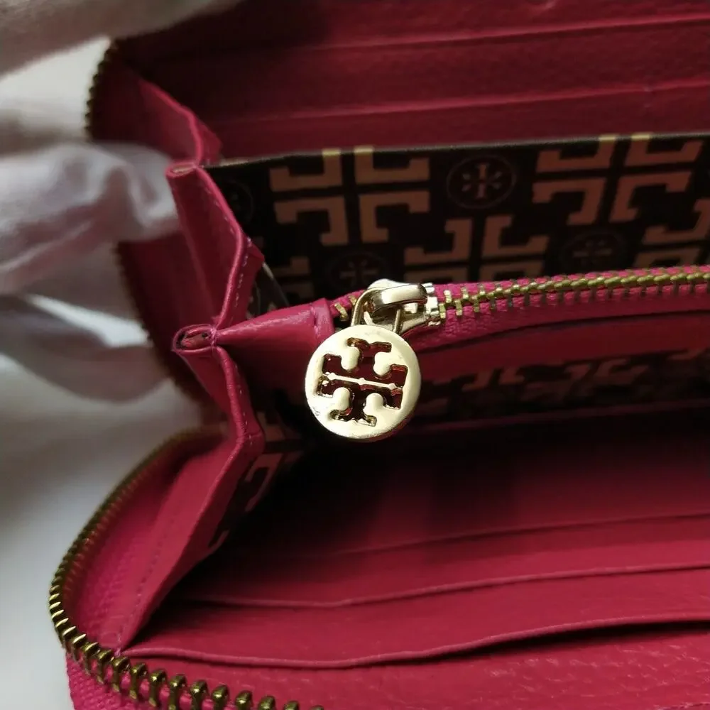 Tory Burch Pink Pebbled Leather Zip Around Credit Card Wallet